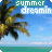A static image of a beach scene with palm trees, blue sky, and turquoise water featuring the text 'summer dreamin' in white and green lettering.