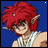 Pixelated character with red spiky hair and pointed ears in a white tank top against a solid blue background.