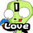 Green cartoon alien with large white eyes and red lips appears in four , each showing different text overlays and a pig character on an orange background