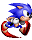 Four pixelated Sonic the Hedgehog frames showing running motion with red speed trails, blue fur, white gloves, and brown shoes against gray background.