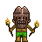 Pixelated character with brown segmented headpiece, dark brown skin, and green shorts holding two torches with yellow-orange flames.
