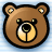 Pixelated brown bear head with black outline, light yellow nose and eyes, blue checkered background.
