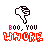 Pixelated thumbs-down icon with 'BOO, YOU' text above and 'UHURE' below in red/orange or black pixel art on white background.