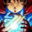 Anime character with brown hair and blue cape holds glowing sword, expression shifts from open mouth to closed mouth across frames.