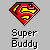 Red diamond-shaped icon with yellow 'S' symbol and black outline, below which is pixelated text reading "Super Buddy" on gray background.
