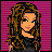Pixel art contact sheet of a female character with long brown dreadlocks in various poses and outfits against a magenta striped background, accompanied by text phrases about youth and love.