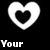 White heart-shaped icons with black inner hearts on a black background, accompanied by partial text fragments.