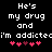 Black background with white pixelated text reading 'He's my drug and I'm addicted' and five pink heart symbols below.