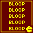 Four identical display vertical text and a pixelated character on a dark red background with yellow borders