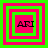 Four square display layered pink and green borders with 'ARI' text in black, each showing different border layering configurations