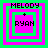Four identical pixel-art icons arranged in a , each featuring 'MELODY' text at top, a plus sign, and 'RYAN' text below, surrounded by alternating green and pink square borders