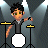 Pixel art contact sheet showing two animated frames of a cartoon character playing drums and guitar on stage with pink text reading "I'm a sucker for boys in a band".