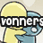 Pixelated cartoon character with yellow hair and blue clothing holding a large yellow object, overlaid with text reading 'vonners' in white block letters on black background.