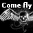Black-and-white pixelated image of a winged skull with text "Come fly with the dead" over three showing sequential animation frames