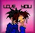 Pixelated image of two figures with dark spiky hair kissing, set against a pink gradient background with 'LOVE YOU' text above.