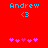 Red background displays blue text 'Andrew' and '<3', with pink heart symbols below; hearts change from five to four between frames.