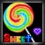 A pixelated rainbow spiral lollipop with a white stick, purple heart-shaped balloon, and multicolored 'SWEET' text on black background.