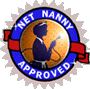 Circular blue and red badge with orange globe center showing dark blue figure holding microphone, text reads "NET NANNY APPROVED" on left and "THIS SITE IS SAFE FOR KIDS" on right.