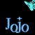 Light blue 'Jojo' text with plus signs above each 'o' appears in a pattern on a black background, with cyan butterflies scattered throughout