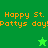 Green background with orange text reading 'Happy St. Pattys day' and two green star icons, one light and one dark.