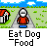 Animated contact sheet showing 11 frames of a pixel art character in various poses with repeated text "Eat Dog Food" below each frame.