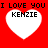 Red background with four white heart shapes, each containing 'KENZIE' text and repeated 'I LOVE YOU' above them.