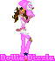 Pixelated doll avatar in pink outfit with white accents, standing with hands clasped near chest, wearing pink hat with white flower, brown hair, gray background, text "Dollie Dizzle" below.