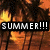 Pixelated beach scene with palm trees and sunset, overlaid with bold text reading SUMMER!!! its about TIME!!! in black rectangular boxes.