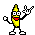 Pixelated banana character with red mouth and white eyes making rock-on gesture, shown in four distinct poses on gray background.
