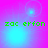 A four- of identical pixelated text 'zac erfon' on a pink-to-blue gradient background with light blue circular effects