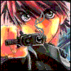 Anime-style character with dark hair and orange highlights holds a black handgun, face close to camera with intense expression.