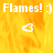 Flames! :) text and heart symbol on orange-yellow flame background with gray on right side