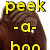 Brown cartoon hand with fingers curled, holding a small white object; yellow text 'peek -a- boo' appears above the hand in some views.