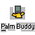 Pixelated icon shows a yellow hand holding a gray handheld device with green screen and three black buttons, below text reading "Palm Buddy" on light gray background.