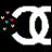 A large white stylized letter 'D' with a black interior on a black background, accompanied by scattered small colored pixelated shapes.