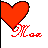 A pixelated red heart with a black outline and green accents, positioned above stylized red text reading 'LOVE' on a white background.