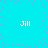 Cyan background with pink pixel dots scattered across, four instances of the text 'Jill' in white pixelated font positioned at corners.