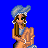 Pixelated character with long brown hair and blue headpiece stands against solid blue background, text elements display 'Yankee Yankee Fan', 'Fan', 'Eva', numbers '4' appear in light blue.