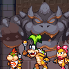Pixel art scene featuring three Koopa characters in front of a large stone face, with one character holding a torch.