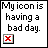 Pixelated text states 'My icon is having a bad day.' above a small red X in a multicolored border.