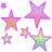 Pixelated star-shaped icons in pink, orange, green, and yellow gradients with purple outlines on a gray background.