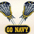 Two pixelated lacrosse sticks with yellow and dark blue frames extend upward from a black rectangular banner containing the text 'GO HART' in bold yellow letters.