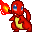 Red cartoon creature with blue eyes and yellow belly, holding a flame, in multiple poses showing flame animation.