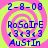 Four identical pixel icons with pink and yellow spiral backgrounds, blue text reading '2-8-08', 'RoSoIrE', '<3<3<3', 'AuStIn' in sequence. Each icon has a distinct color scheme variation between the four