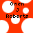 Red background with white circular shapes and black text reading "Owen J Roberts" in pixelated font.