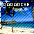 A beach scene with palm trees and ocean under a blue sky, featuring the word 'PARADISE' in pixelated text where one letter changes color across frames.