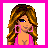 Pixelated icon of a woman with long brown hair, pink earrings, and a pink top inside a bright pink border.
