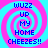 Four identical pixelated with pink and cyan spiral backgrounds display blue text reading "WUZZ UP MY HOME CHEEZES!!" in a