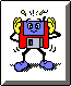 Pixelated robot with blue head, red body, and blue feet stands on gray background with yellow hands raised and motion lines.