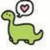 Green cartoon dinosaur with black outline and pink heart in speech bubble above head, shown across three views.